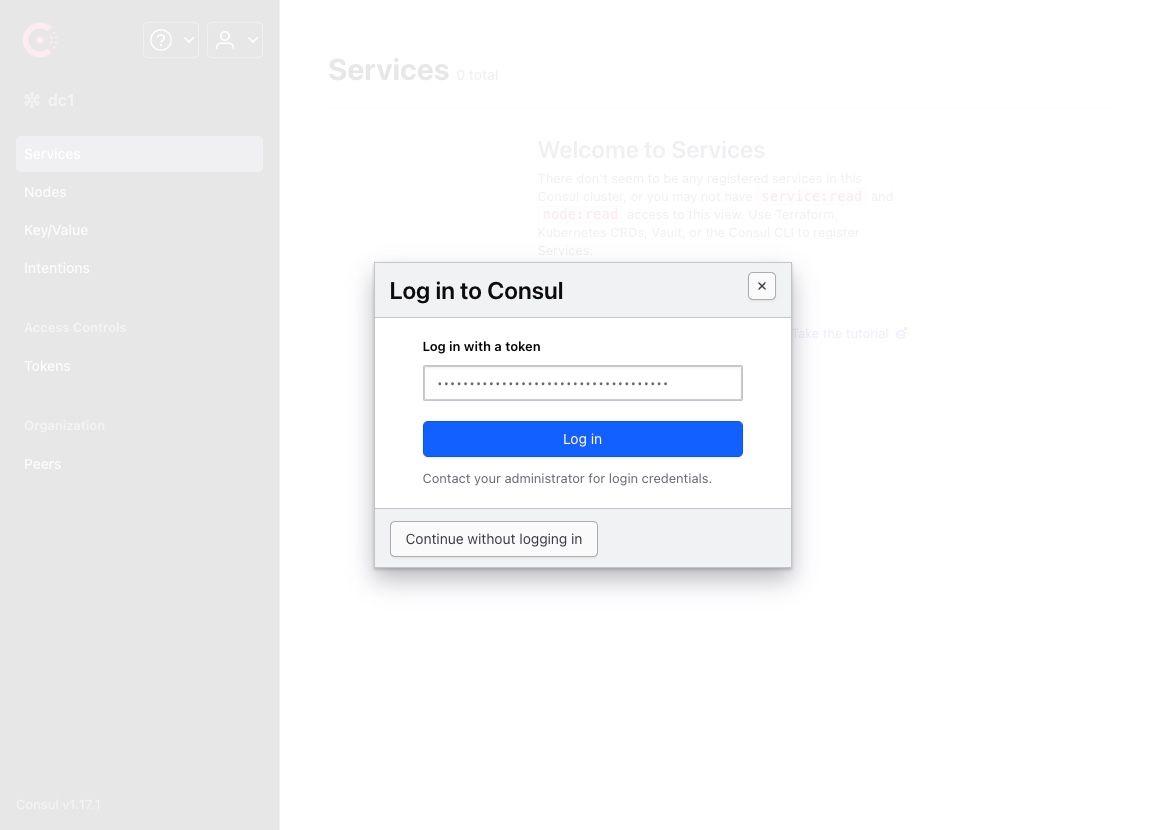 Consul UI with log in dialog