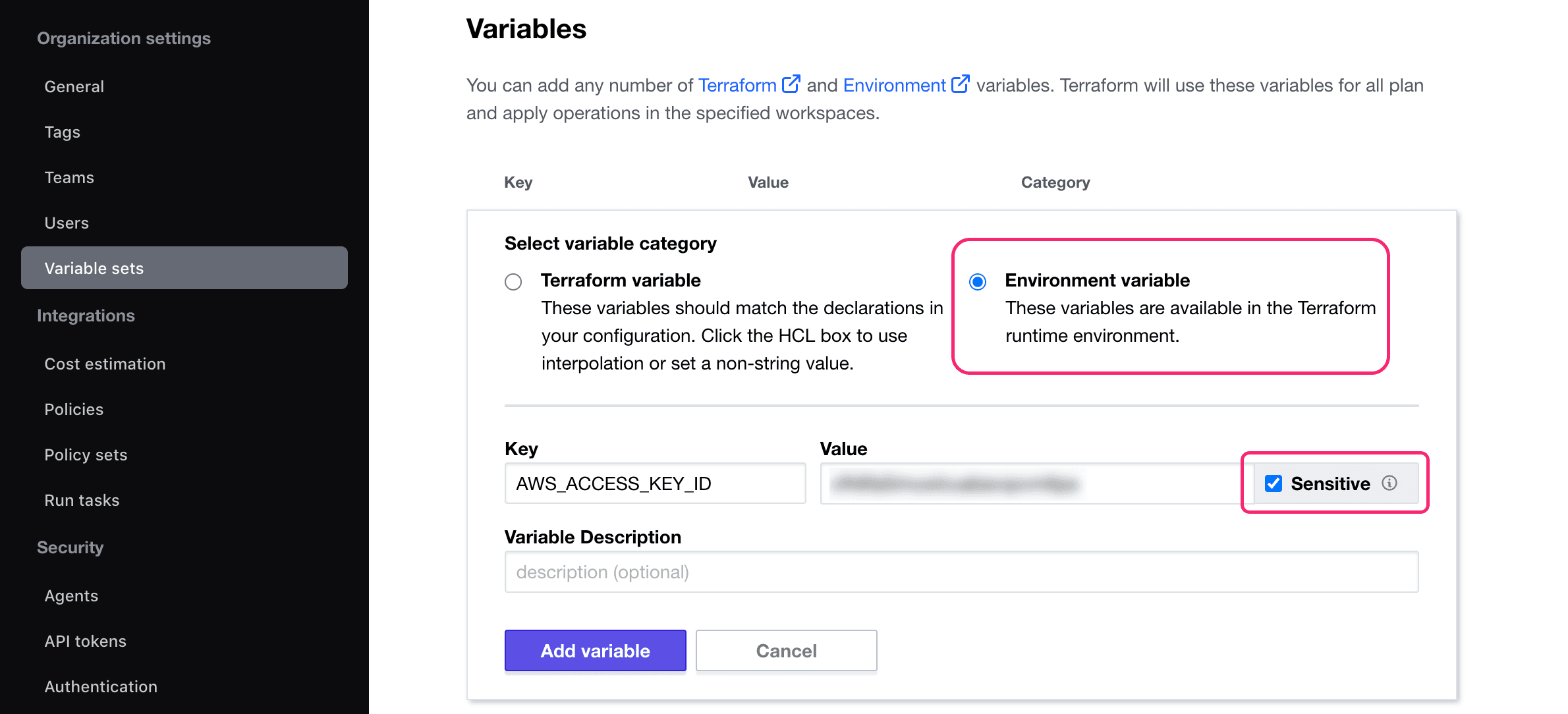 Create HCP Terraform variable set